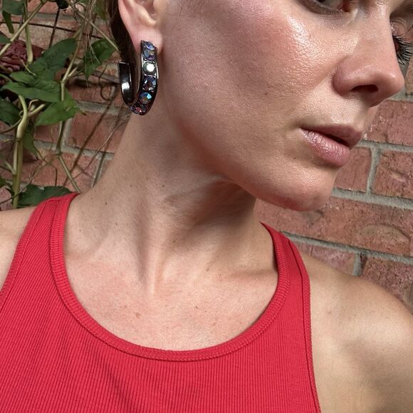 YSL Vintage Aurora Borealis Curved Hoop Earrings Crystal Rhinestone Signed 80s - Picture 5 of 16